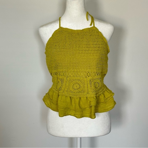 Milk & Honey Chartreuse Knit Halter Top with Ruffle Peplum Summer Vacation - Picture 5 of 6